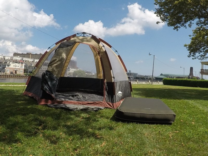 Heavy duty camping air mattress cover inside a tent